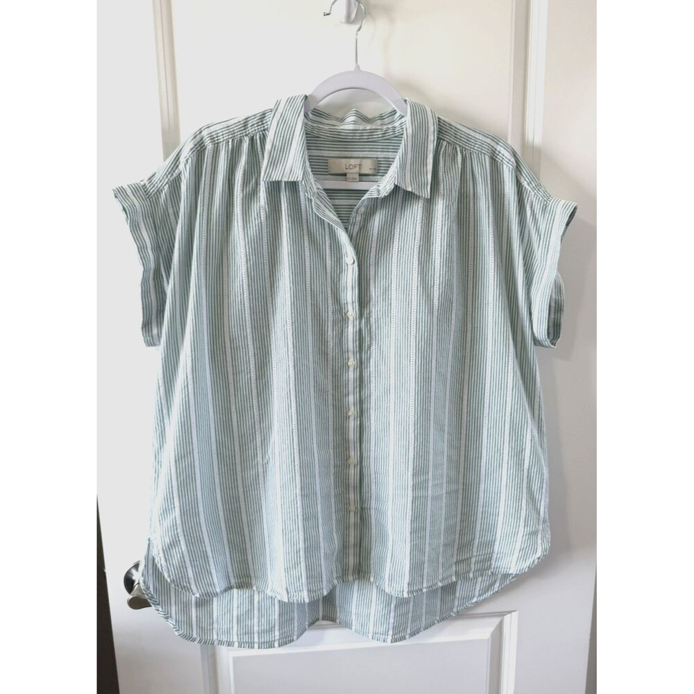 LOFT Blouse Women's XLP Green White Striped Short Sleeve Button Up Cottage core